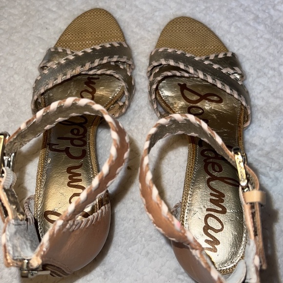 Sam Edelman Silvia Gold Beige Leather Zipper Back Wedge Sandals Ankle Strap Sz 9 - Picture 7 of 12